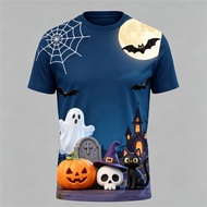 Halloween Vintage 3D Print T‑Shirt Haunted House Black Cat Pumpkin Moon Unisex Party Shirt