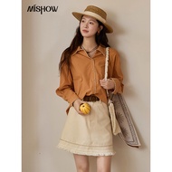 MISHOW Women's 100% Cotton Shirt 2025 Autumn Korean Lapel V-neck Single Breasted Tops Lace Trim Shir