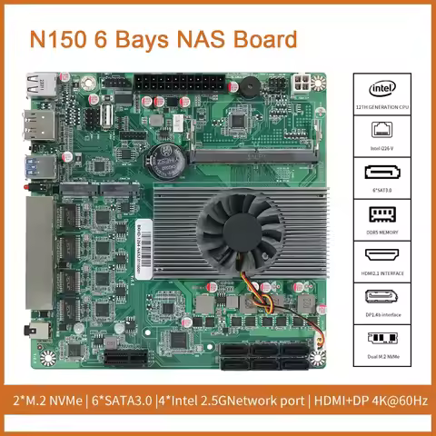 N150 NAS Motherboard DDR5 6*SATA 3.0 4*Intel I226 2.5G Mini ITX NAS Board 2* M.2 With PCIE For Soft 