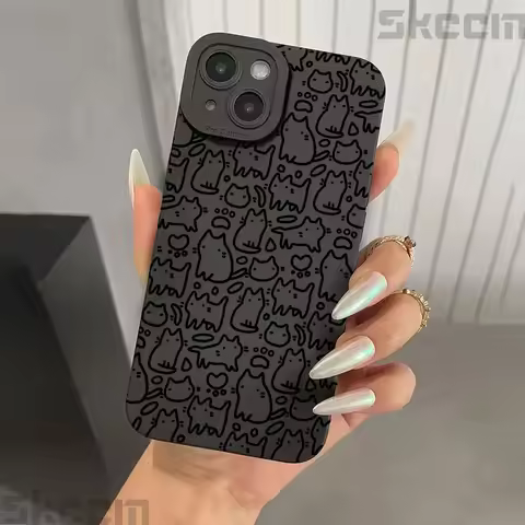 Cute Black Kitten Sketch Cat Phone Case for iPhone 17 16 15 14 13 12 11 Pro Max Mini XR XS X 7 8 Plu