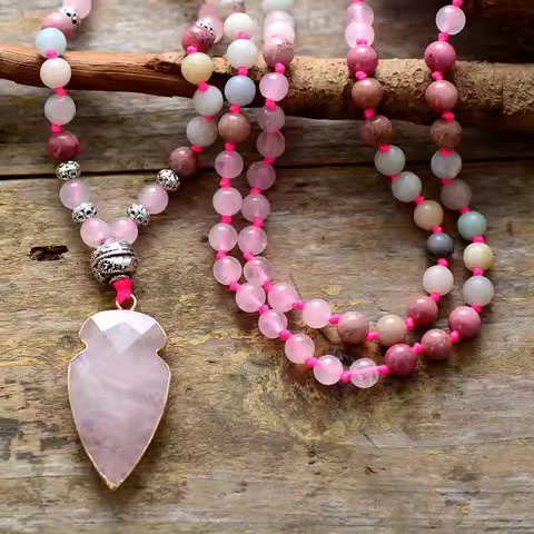 Graceful Woman Arrowhead Pendant Necklace String Knotted Lariat Long Beads Bohemia Neckless Handmade