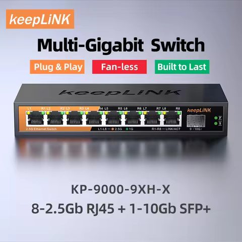 KeepLiNK 9-Port Multi-Gigabit Ethernet Switch Unmanaged 8- Port 2.5G RJ45 1-Port 10G SFP+ Uplink for