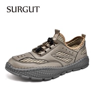 SURGUT Men's Leather Shoes Summer Breathable Mesh Outdoor Non-slip Light Walking Casual Trekking Sneakers Walking Shoes Size 48 Raya