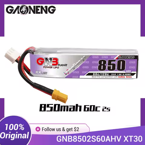 GAONENG GNB LiPo Battery 850mAh 2S 7.6V 60C Long Range With XT30 Plug For RC FPV Whoop Frame Kit Tin