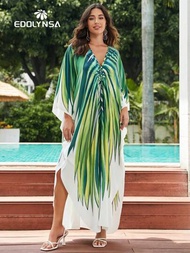 綠葉v領長袍波西米亞海灘裝加大尺碼長袍泳裝套裝