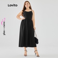 (Trendy) Lovito Plus Size Curve Casual Plain Ruched Dress for Women LPS09072 (Black)