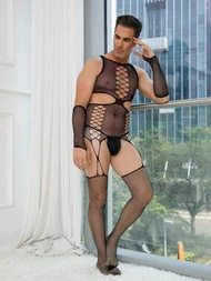 男性性感開襠誘惑襪套，透明空心魚網褲襪真人展示