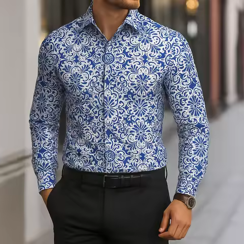 Men's Long Sleeve Shirt Casual Slim Fit Button Down Shirt Mediterranean Tile Pattern Shirt for Men F