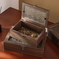 Begonia Glass Storage Box Retro Wood Desktop Sundries Organizer Flip Wooden Box Decoration Dresser J