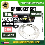 RK Sprocket Set YAMAHA MT15 428 KLO O-Ring Rivet Black / Gold Chain F14T R46-52T Rantai Hitam Emas O