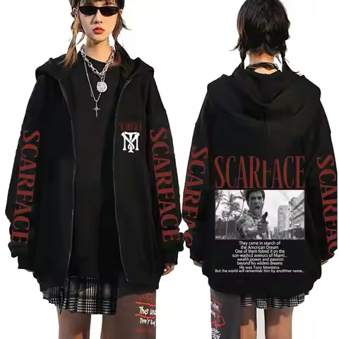 Gangsters Movie Scarface Zipper Hoodie Retro Tony Montana Al Pacino Zip Up Jacket Men Clothing Vinta