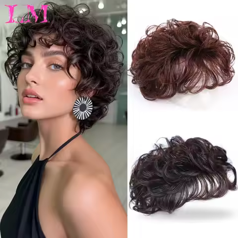 LM Synthetic Short Curly Wavy Hair Topper for Women Real Human Hair Natural Black Swiss Lace Base Cl