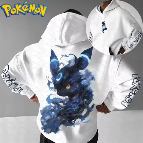 Pokemon Anime Umbreon Cotton Hoodie Harajuku Pants Set White Blue Character Print with Glowing Eyes 