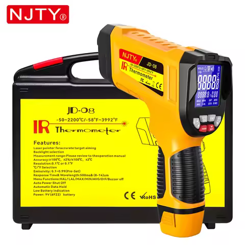NJTY JD08 Industrial Infrared Thermometer Gun -50℃~2200℃ 50:1 Professional Pyrometer 50 Sets Histori