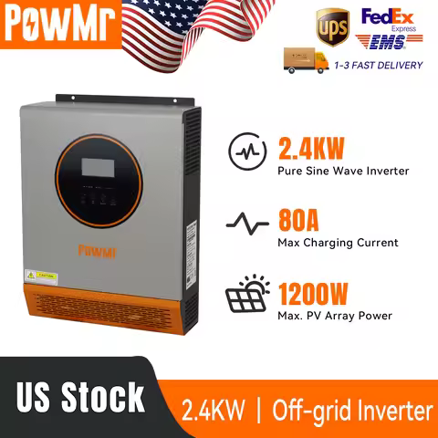 PowMr 2.4KW/3KVA Hybrid Inverter 24V to 120V Pure Sine Wave Inverter LCD 50A PWM Controller Max PV 8