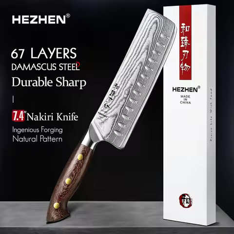 HEZHEN 7.4 Inches Nakiri Knife 67 Layers Damascus Steel Micarta Handle Kitchen Sharp Knives Gift Box