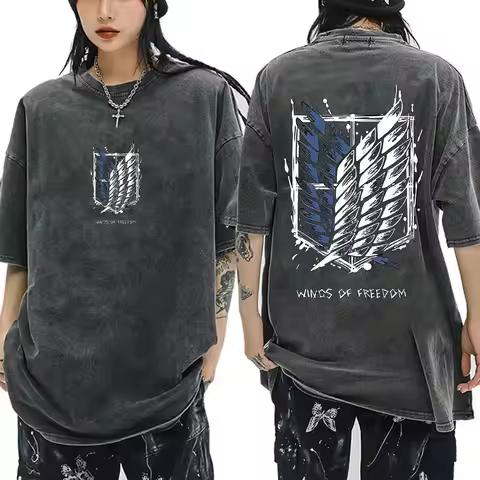 Anime Attack on Titan Washed T-shirt Mikasa Ackerman Eren Jaeger Wings of Freedom Graphic Logo Tee S