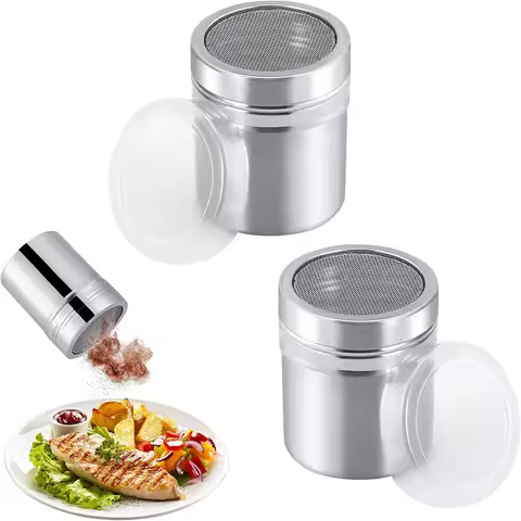 2Pcs Stainless Steel Flour Sugar Salt Shaker 7oz Chocolate Icing Sugar Powder Shaker Fine Mesh Flour