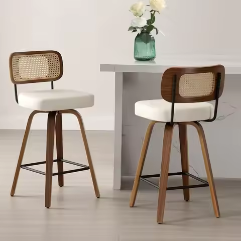Swivel Counter Height Bar Stools Set of 2, Upholstered Faux Leather Barstools with Rattan Back, Boho