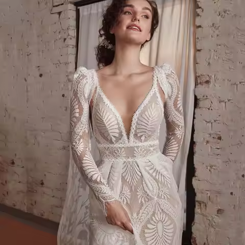 Exquisite Lace Deep V-Neck Backless Wedding Dress Boho Illusion with Long Sleeve Jacket Custom Roman