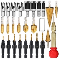 28 Pcs Woodworking Chamfer Drilling Tools Including Countersink Bit Wood Plug Cutter Drill Bit Set