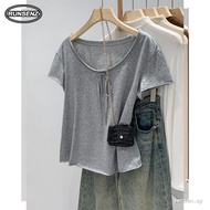 M-4XL Plain Korean Round Neck Tie String Tshirt Women Plus Size Loose Top