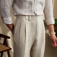 Mr. Lusan New Arrival Italian Mens Clothing Summer Seersucker Naples High Waist Straight-Leg Shorts 