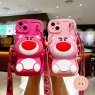 3D Cute Strawberry Bear Wallet Case For Huawei P50 P40 P30 P20 Pro Nova 5 Pro 5i 6 5G Phone Case Fashion Cute Lotso Soft TPU Silicone With Strap Lanyard Zipper Wallet Cover