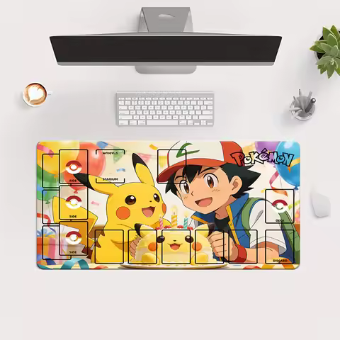 Pokemon Ash & Pikachu Birthday Party TCG Playmat with Full Card Zones Gaming Mouse Pad Desk Mat