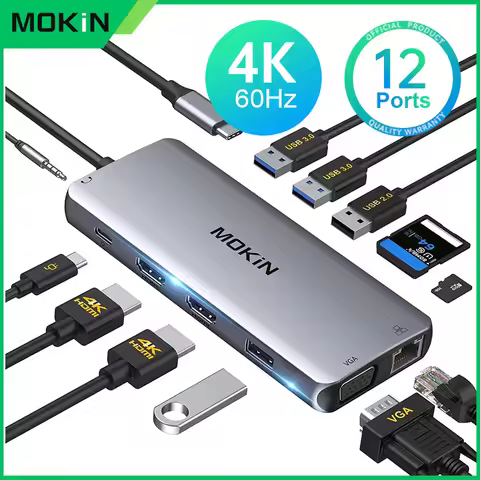 MOKiN USB C Docking Station, Dual HDMI Adapter 12 in 1 Triple Display USB C Hub with VGA,RJ45,100W P