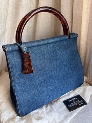 稀有中古包Vintage Chanel 玳瑁手提牛仔藍手提包