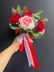 1 pieza de ramo de rosas para bodas romántico decorado con detalles de encaje, lazo y flores de tela, adecuado para bodas, pedidas de mano, ramo de novia y ramo de dama de honor