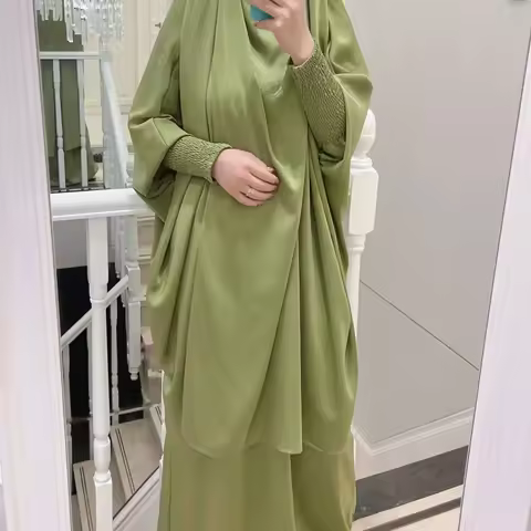 Ramadan Eid Jilbab 2 Piece Set Muslim Women Prayer Garment Abaya Dress Long Khimar Robe Niqab Islam 