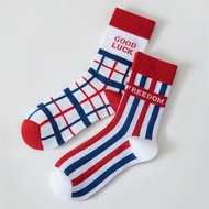 1/2/3/4 Pairs Women's Jacquard Crew Socks - 'FREEDOM' & 'GOOD LUCK' Text With Red/White/Blue Stripes