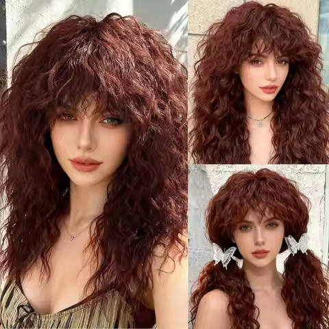 Auburn Brown Long Curly Wig with Bangs, Voluminous Wavy Hair for Women Daily Cosplay Party synthetic