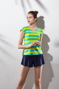 【SARLEE】條紋有袖兩截褲裙泳衣(附襯墊及泳帽)