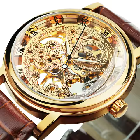 WINNER Classic Skeleton Mechanical Watch for Men Luminous Hands Leather Strap Business Mens Watches 