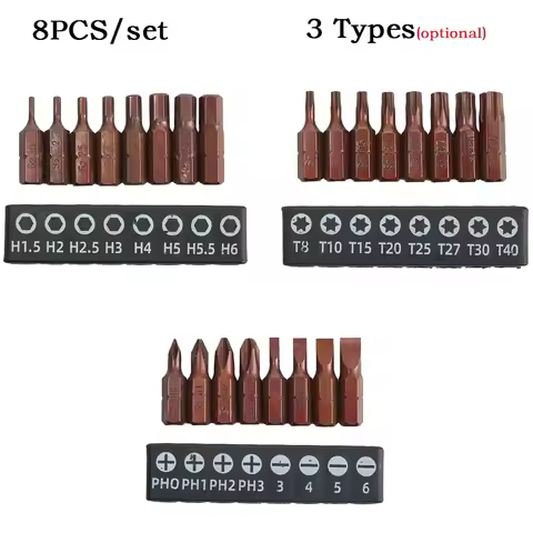 8Pcs/set Magnetic Screwdriver Bits PH0-SL6 / H1.5-H6 / T8-T40 1/4 Inch Hex Shank Alloy Steel Electri