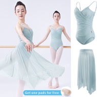 Women Dance Leotard Ballet Pleated V-neck Bodysuit Irregular Mesh Skirt Teen Training Gymnastics Ballerina Dancewear