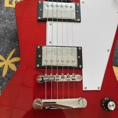 No brand, red alien-shaped electric guitar, fixed bridge with dual pickups, rock and heavy metal sta