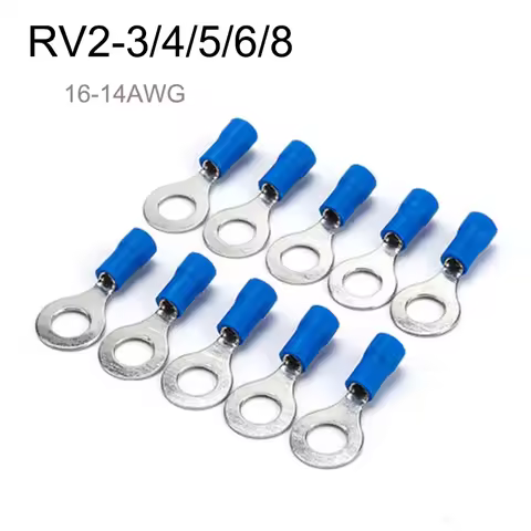 RV2 10-50Pcs/Set 16-14 AWG Kit M3/M4/M5/M6/M8 Insulated Blue Ring Terminals Wire Cable Electrical Cr