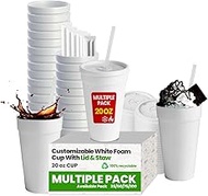 20oz Foam Coffee Cups with Lids & Straws – Disposable Insulated Styrofoam Cups for Hot & Cold Drinks