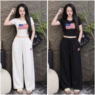 [genuine product] genuine QC rip women's set Flag printed crop top - loose pants, pants length 93cm,