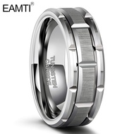 EAMTI 8mm Tungsten Carbide Rings for Men Silver Brick Pattern Grooved Brushed Wedding Band Comfort F