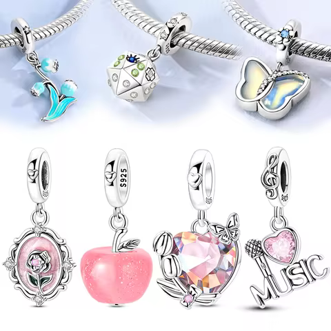 925 Sterling Silver Apple Butterfly Rose Charms Beads Dice Tulip Music Dangle Fit Pan Original Brace