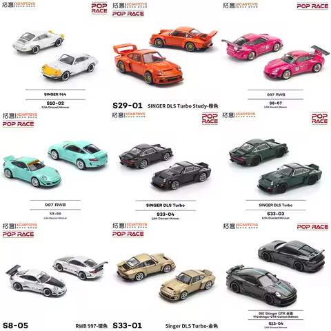 XCARTOYS POP RACE 1/64 Porsche 992 Stinger GTR SINGER 964 SINGER DLS Turbo Study RWB 997 Cars Alloy 