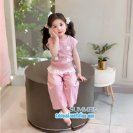 YIHAN KIDS Bow Knot Blue Ribbed Set Motif Busur Uisa1-5th/Setelan Anak Perempuan Katun Kaos T-Shirt