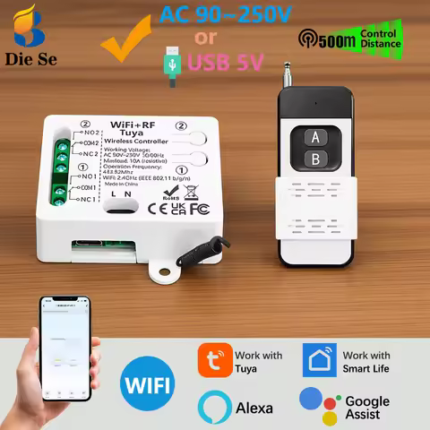 WiFi RF Garage door inching Switch AC 90~250V 2CH Relay 433MHz Wireless Remote Control 500m work wit