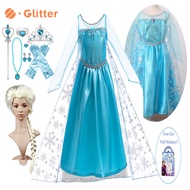Disney Frozen Elsa Baby Dress For Kids Girl Mesh Sequined Snow Queen Princess Dresses Cloak Wig Crown Nail Stickers Accessories Kid Clothes Children Birthday Gift