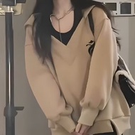 假兩件衛衣女裝 連帽外套 寬鬆顯瘦 秋裝新款 氣質V領- 卡其色 S